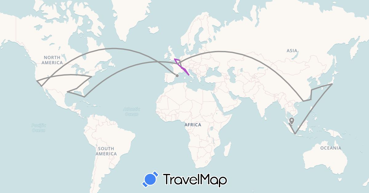 TravelMap itinerary: driving, plane, train in Belgium, Switzerland, China, Spain, France, United Kingdom, Indonesia, Italy, Japan, Malaysia, Singapore, Taiwan, United States (Asia, Europe, North America)
